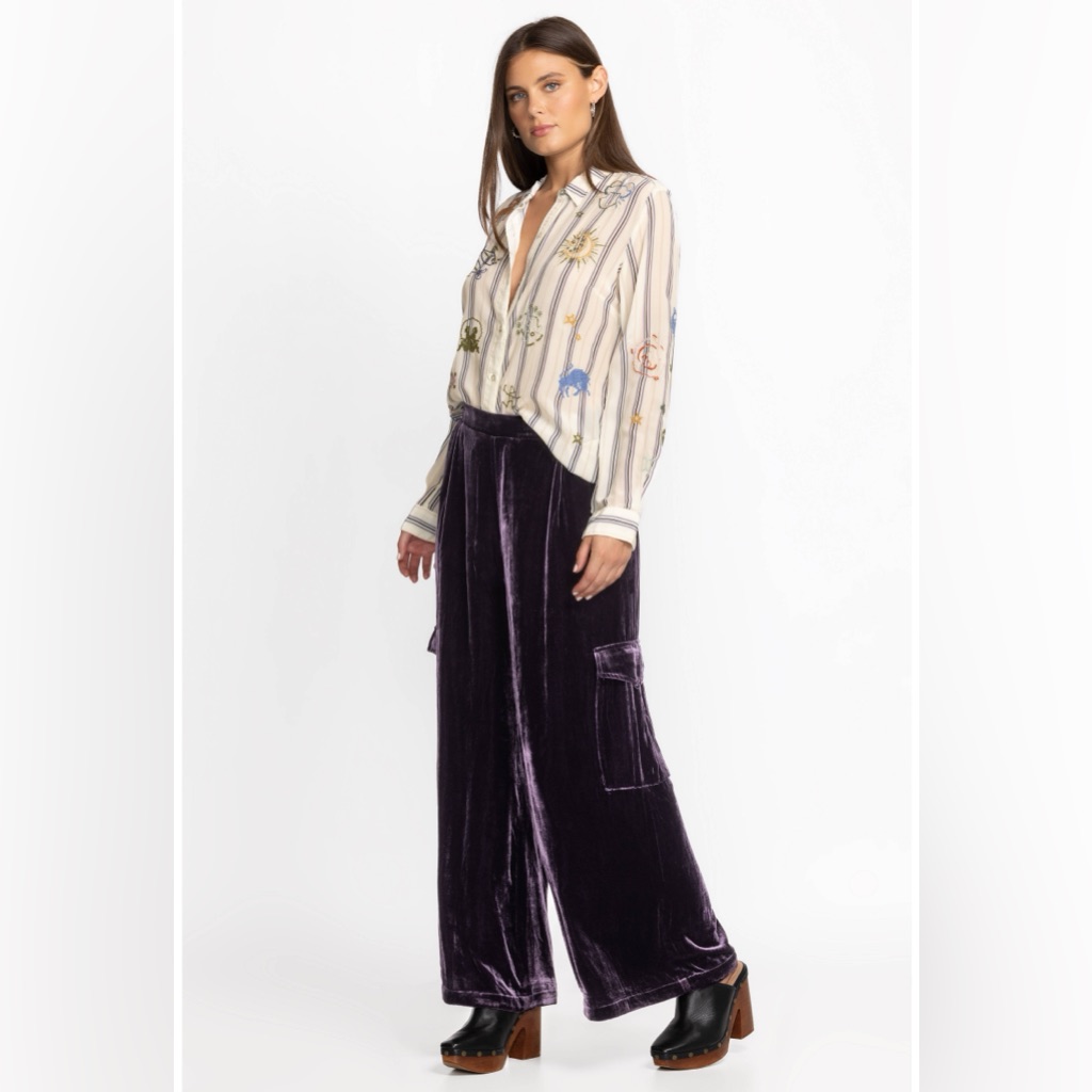 Johnny Was Jade Zatima Silk Cargo Pants Eggplant Medium